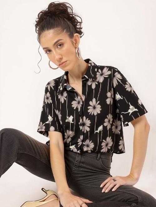 women printed collared short sleeve crop shirt - 21983481 - Very Small Image - 1