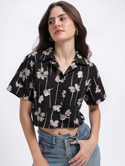 women printed collared short sleeve crop shirt - 21983483 - Very Small Image - 1