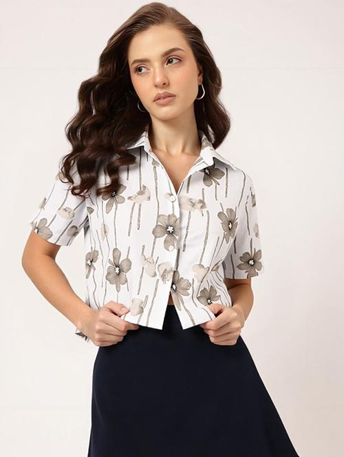 women printed collared short sleeve crop shirt - 21983484 - Very Small Image - 1