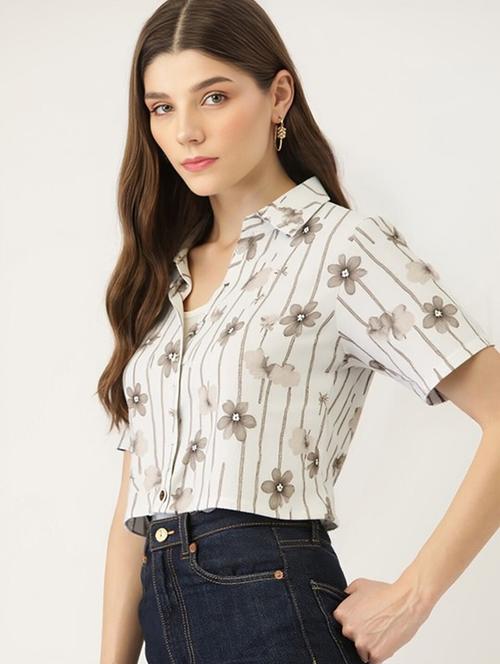 women printed collared short sleeve crop shirt - 21983486 - Very Small Image - 1