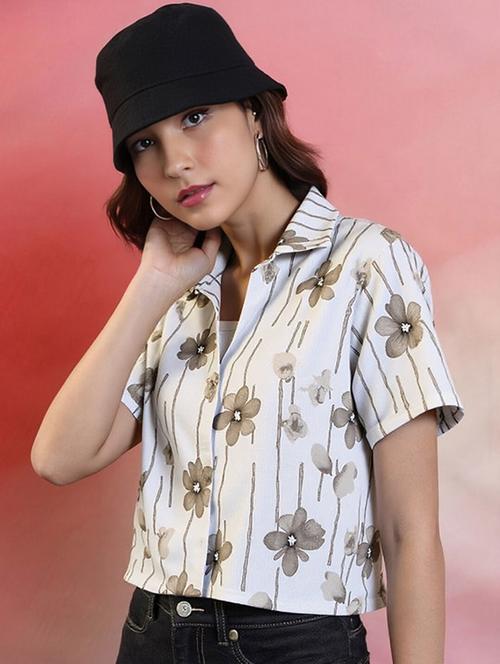 women printed collared short sleeve crop shirt - 21983488 - Very Small Image - 1