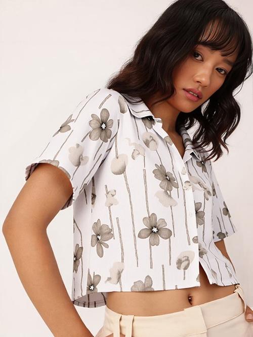 women printed collared short sleeve crop shirt - 21983490 - Very Small Image - 1