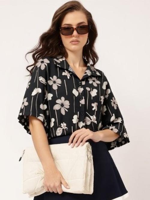 women printed collared short sleeve crop shirt - 21983491 - Very Small Image - 1