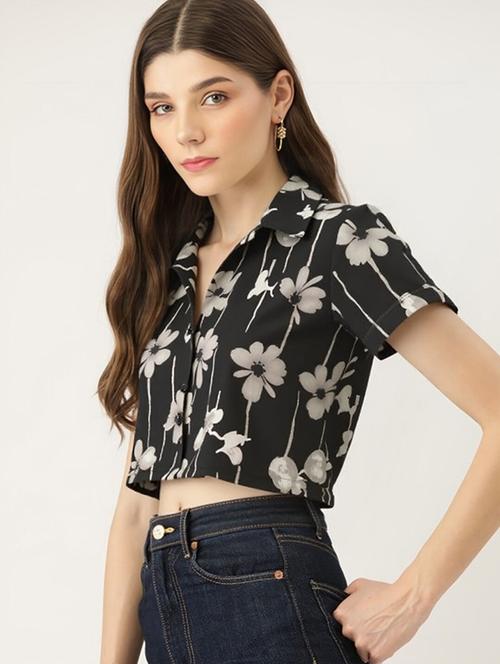 women printed collared short sleeve crop shirt - 21983493 - Very Small Image - 1