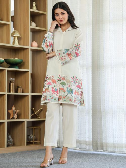 women solid with work long sleeve ethnic co-ord set - 21985449 - Very Small Image - 1