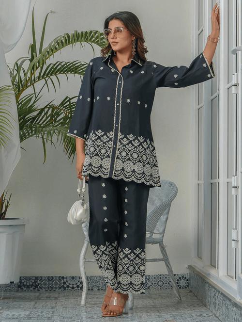 women solid with work three quarter sleeve ethnic co-ord set - 21985482 - Very Small Image - 1