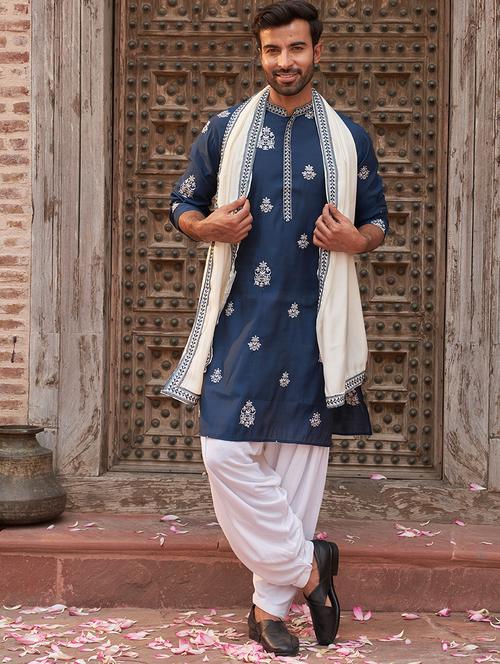 men embroidered long sleeve pathani set with chunni - 21985989 - Very Small Image - 1