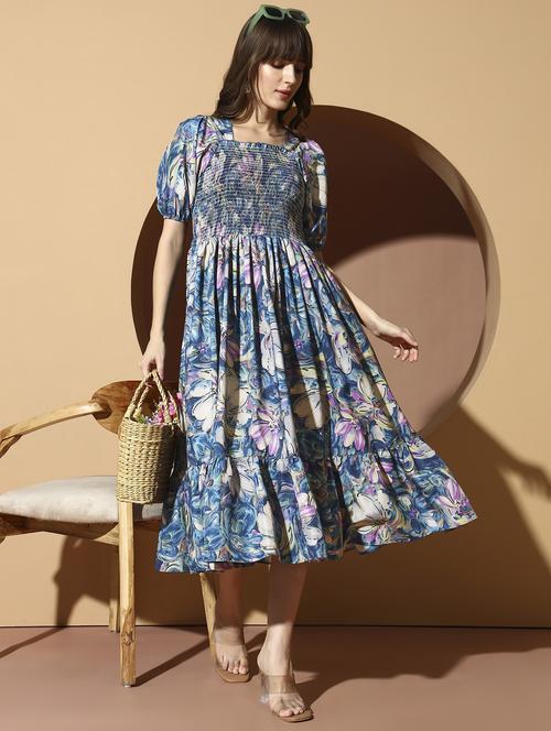 wome printed smocked detailed puff sleeve tiered dress - 21986571 - Very Small Image - 1