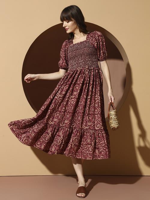 wome printed smocked detailed puff sleeve tiered dress - 21986572 - Very Small Image - 1