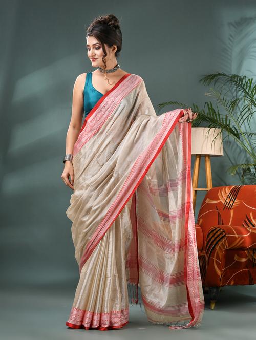 women solid with bordered handloom saree with blouse - 21986618 - Very Small Image - 1