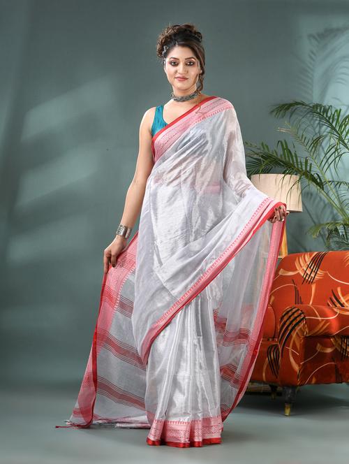 women solid with bordered handloom saree with blouse - 21986622 - Very Small Image - 1