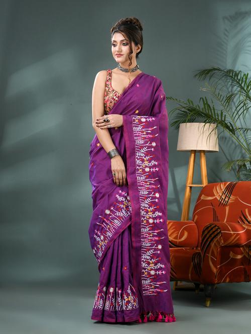 women purple embroidered saree with blouse - 21986623 - Very Small Image - 1
