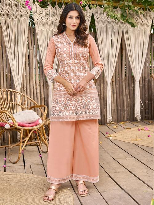 women solid with work three quarter sleeve ethnic co-ord set - 21987050 - Very Small Image - 1