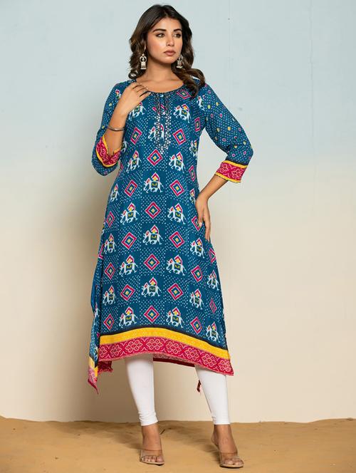 women printed three quarter sleeve a-line kurti - 21987051 - Very Small Image - 1