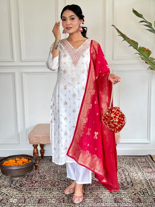 women three quarter sleeve kurta pant with dupatta set - 21987343 - Very Small Image - 1