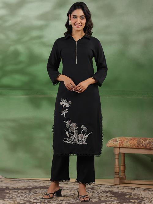 women solid with work three quarter sleeve kurta pant set - 21988037 - Very Small Image - 1