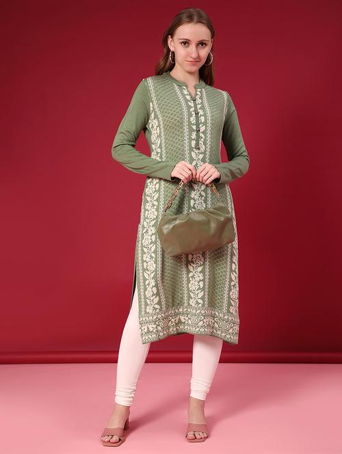 women self design long sleeve straight woolen kurta - 21988303 - Very Small Image - 1