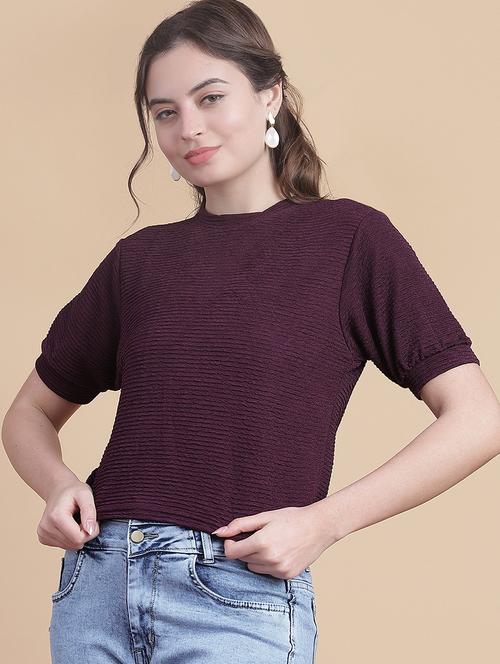 women solid round neck puff crop sleeve - 21988555 - Very Small Image - 1