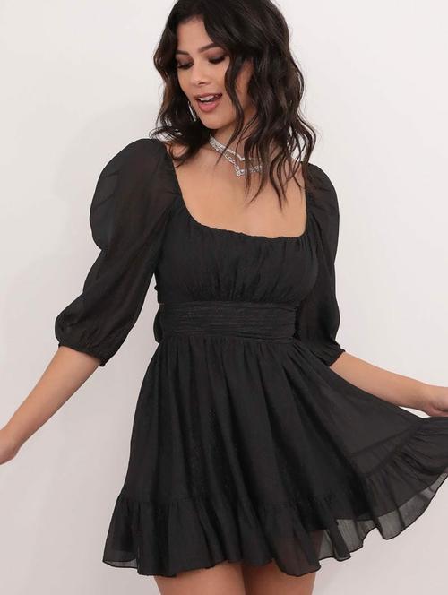 women solid puff sleeve backless tiered dress - 21988873 - Very Small Image - 1