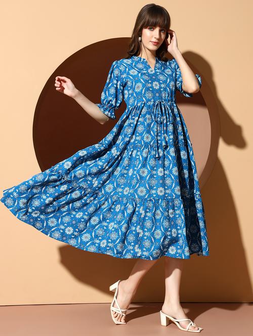 wome printed smocked detailed puff sleeve tiered dress - 21989505 - Very Small Image - 1