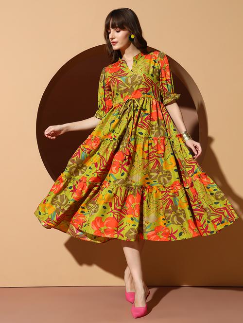 wome printed smocked detailed puff sleeve tiered dress - 21989506 - Very Small Image - 1