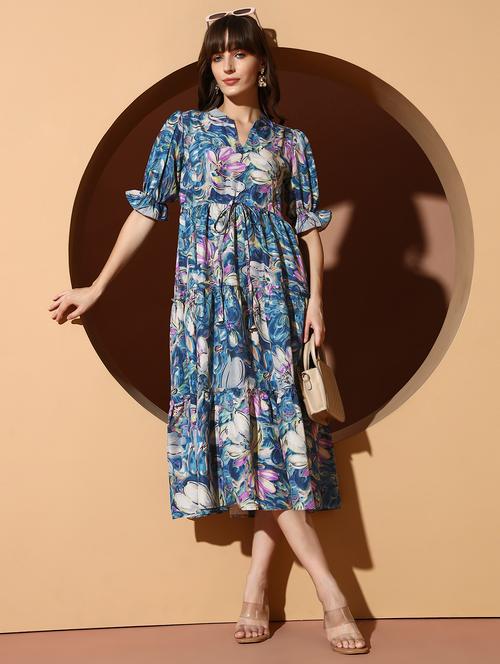 wome printed smocked detailed puff sleeve tiered dress - 21989507 - Very Small Image - 1