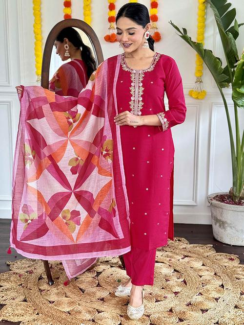 women solid with work three quarter sleeve kurta pant with dupatta set - 21989874 - Very Small Image - 1