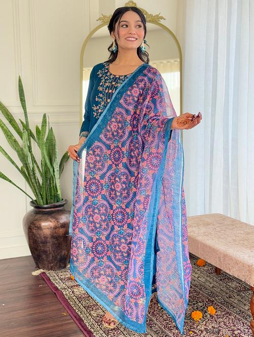 women solid with work long sleeve kurta pant with dupatta set - 21989882 - Very Small Image - 1