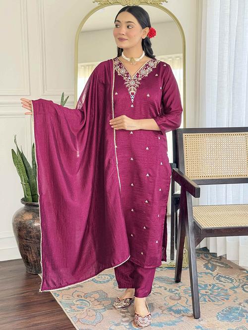 women solid with work three quarter sleeve kurta pant with dupatta set - 21989896 - Very Small Image - 1