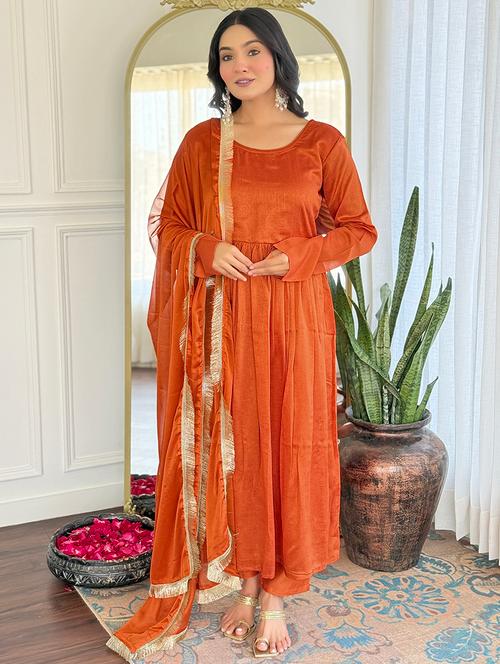women solid long sleeve anarkali kurta pant with dupatta set - 21989898 - Very Small Image - 1