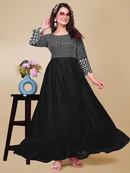 women solid with work fit & flare stitched gown - 21990759 - Very Small Image - 1