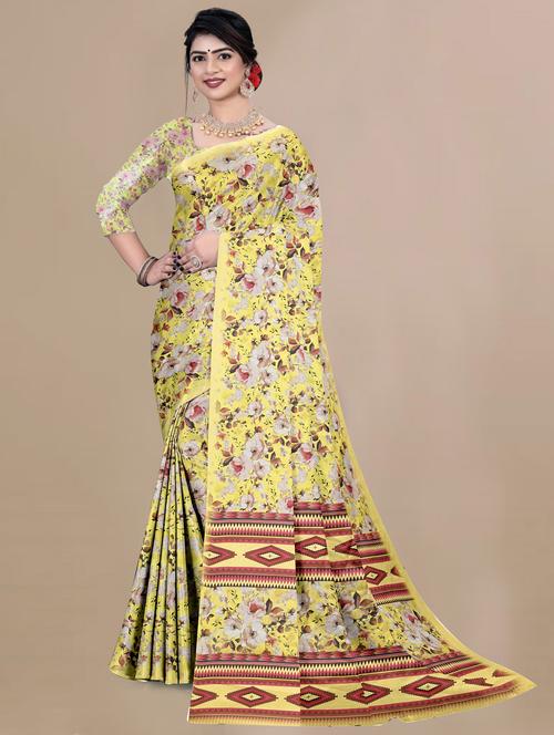 yellow chiffon printed saree with blouse - 21991291 - Very Small Image - 1
