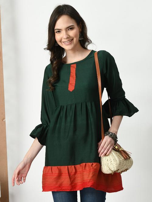 women color blocked bell sleeve tiered kurti - 21992218 - Very Small Image - 1