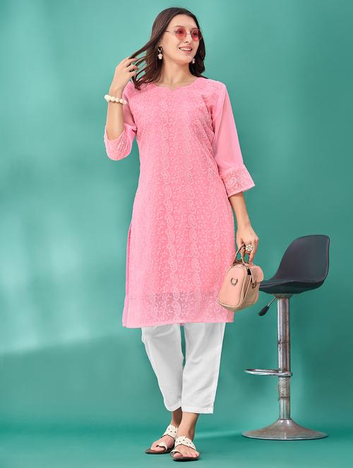 women solid with work three quarter sleeve straight kurta - 21992379 - Very Small Image - 1