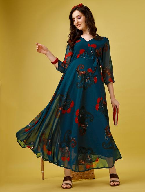 women teal floral print fit and flare maxi dress - 21992382 - Very Small Image - 1