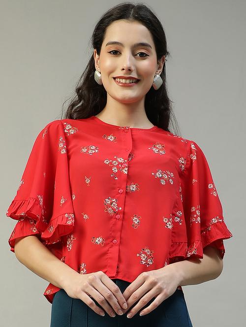 women floral print flared sleeve crop top - 21992555 - Very Small Image - 1