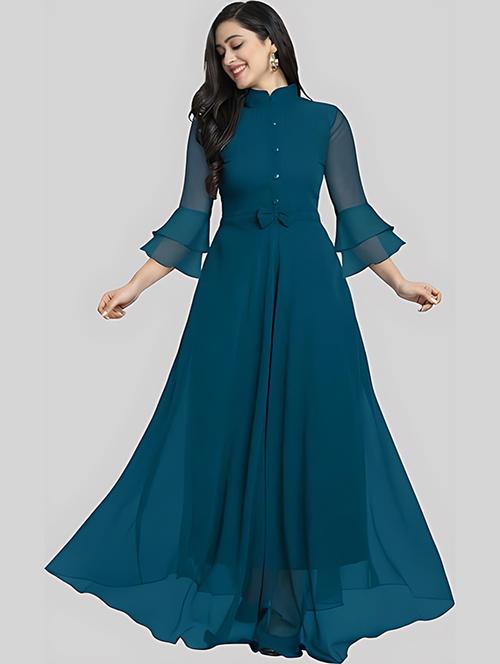 women solid mandarin neck fit & flare maxi dress - 21992633 - Very Small Image - 1