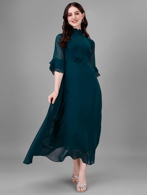 women solid mandarin neck fit & flare maxi dress - 21992635 - Very Small Image - 1