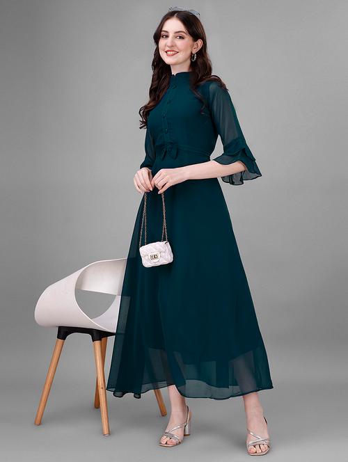 women solid mandarin neck fit & flare maxi dress - 21992637 - Very Small Image - 1