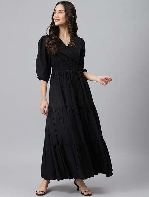 women solid puff sleeve fit & flare maxi dress - 21992675 - Very Small Image - 1