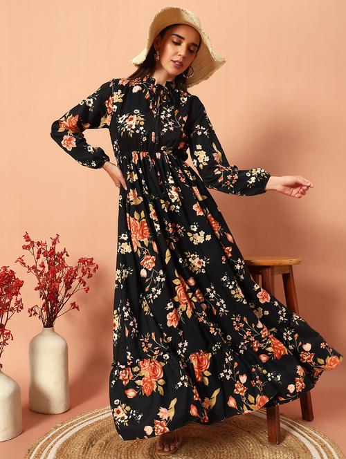 women printed puff sleeve tiered maxi dress - 21993048 - Very Small Image - 1