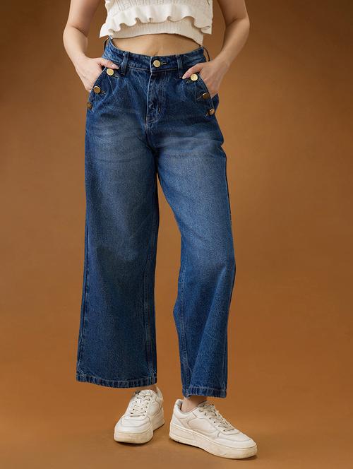 globus women mid blue cotton whiskers effect mid-rise wide leg denim jeans - 21994527 - Very Small Image - 1