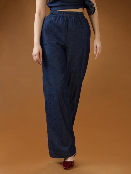 women solid globus women dark blue mid rise pleated relaxed fit wide leg denim trousers rise denim straight trouser - 21994541 - Very Small Image - 1
