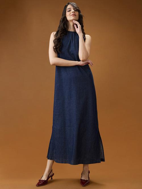 globus women dark blue round neck sleeveless solid a-line maxi dress - 21994559 - Very Small Image - 1