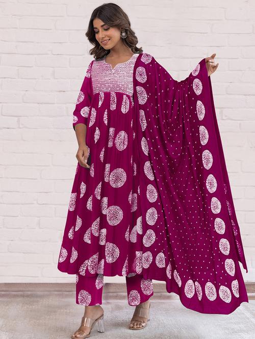 women printed three quarter sleeve anarkali kurta pant with dupatta set - 21997184 - Very Small Image - 1