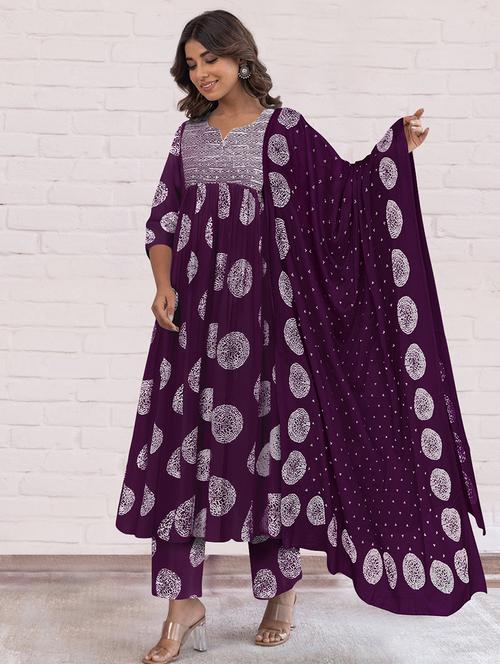 women printed three quarter sleeve anarkali kurta pant with dupatta set - 21997185 - Very Small Image - 1