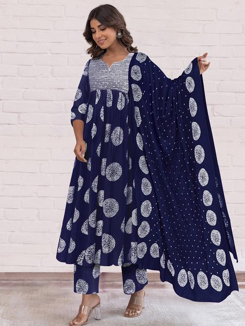 women printed three quarter sleeve anarkali kurta pant with dupatta set - 21997186 - Very Small Image - 1