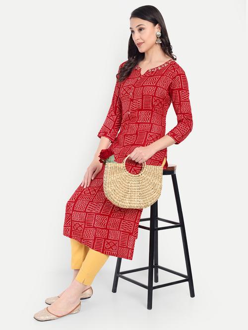 women bandhani printed three quarter sleeve straight kurta - 21997207 - Very Small Image - 1