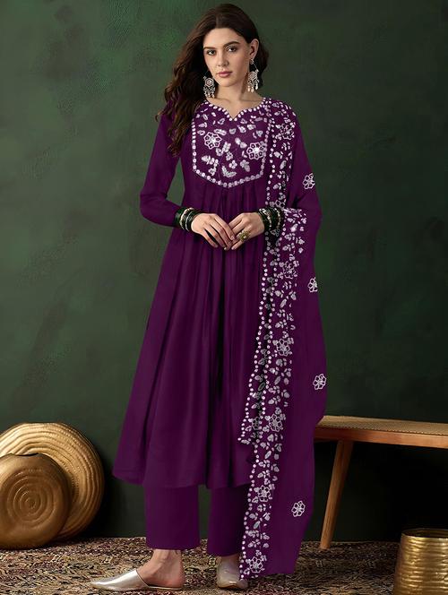 women solid with work long sleeve kurta pant with dupatta set - 21997225 - Very Small Image - 1