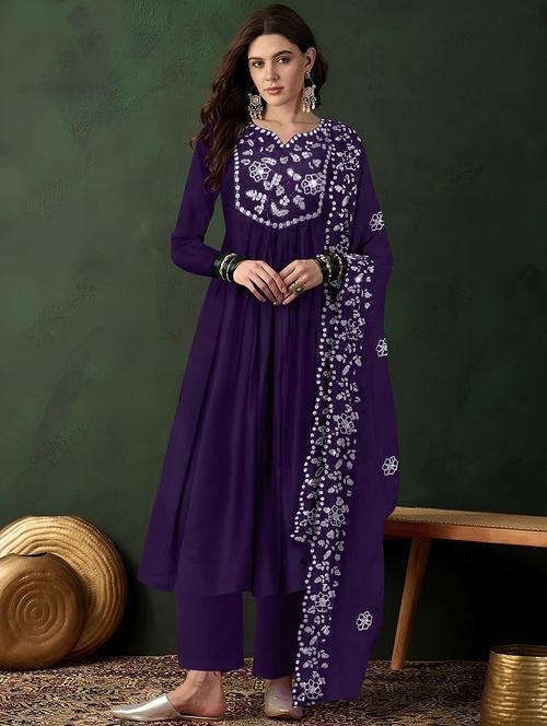 women solid with work long sleeve kurta pant with dupatta set - 21997227 - Very Small Image - 1